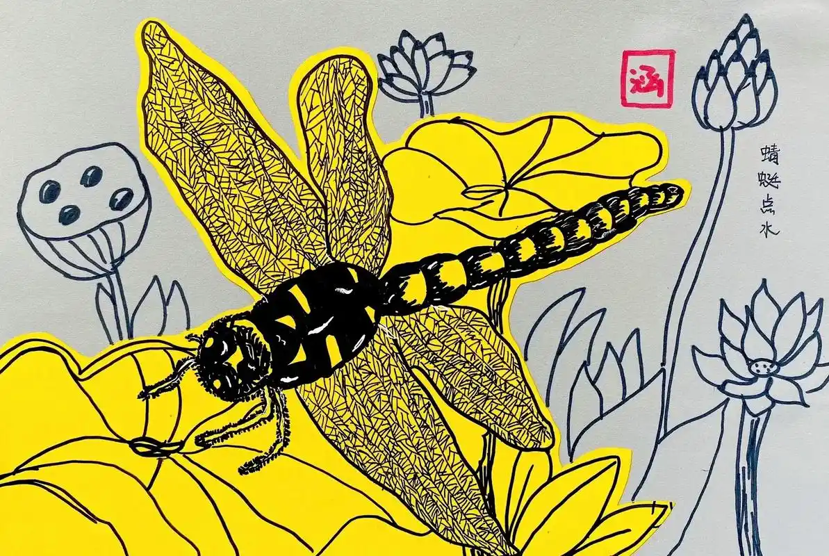 《蜻蜓点水》视觉写实初第5节课,学生作品.#少儿美术教育 # - 抖音