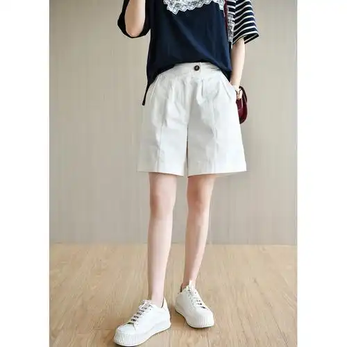 天然出品复古文艺纯白色休闲短裤阔腿裤百搭春季新款ka3719