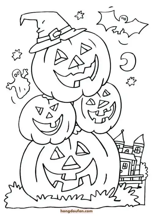 万圣节的南瓜墓地女巫城堡儿童涂色卡通图片下载 | 红豆饭小学生简笔