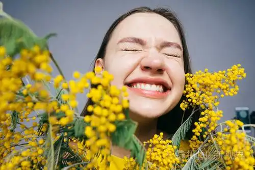 滑稽的年轻女孩嗅到了芬芳的黄色含羞草和微笑