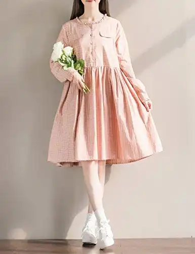 印秋 休闲连衣裙2016秋季森女文艺复古粉色格纹长袖宽