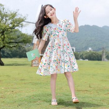 哈熙牛女童连衣裙公主裙棉质夏装儿童裙夏季碎花公主裙子十岁女孩衣服