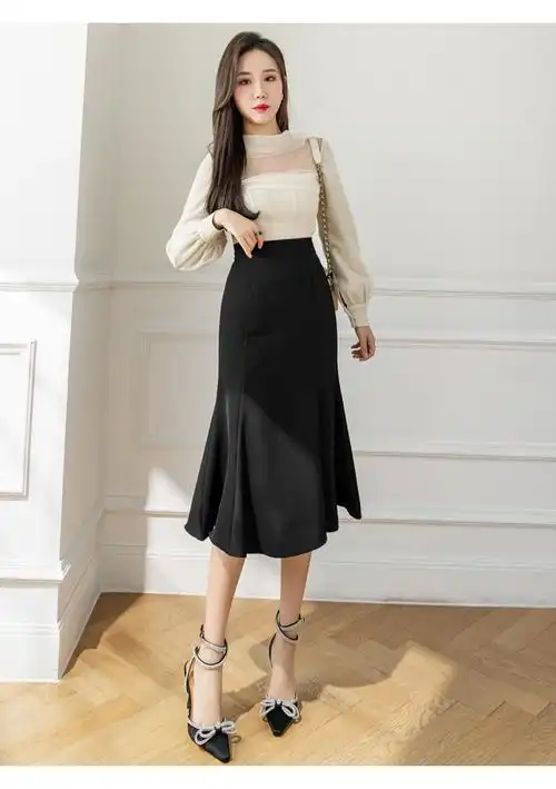 鱼尾裙西装半身裙中长款荷叶边子女夏百搭气质洋气职业包臀裙黑色s