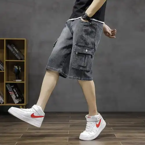 外贸夏季休闲薄款牛仔短裤大码男士宽松潮流多口袋工装弹力五分裤