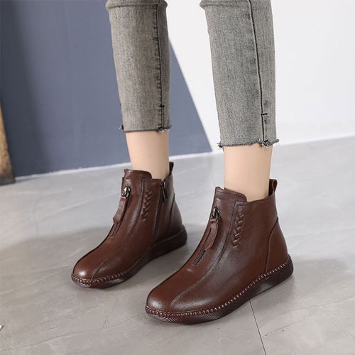 真皮女士短靴41 42大码春秋单靴休闲平底软牛皮软底防滑妈妈棉鞋