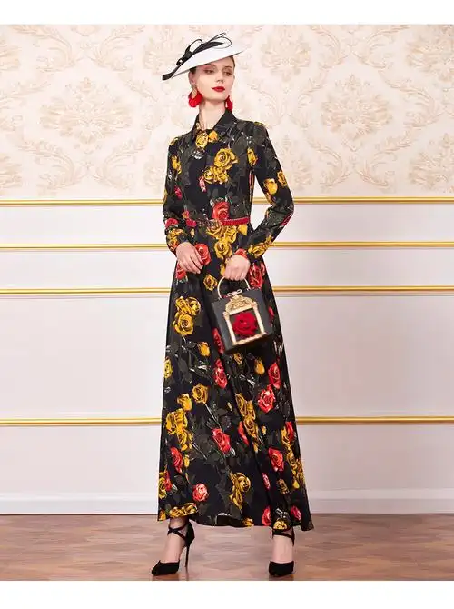 女装 轻熟风超长款连衣裙复古印花长袖长款连衣裙 黑色 3xl 品牌: 帝