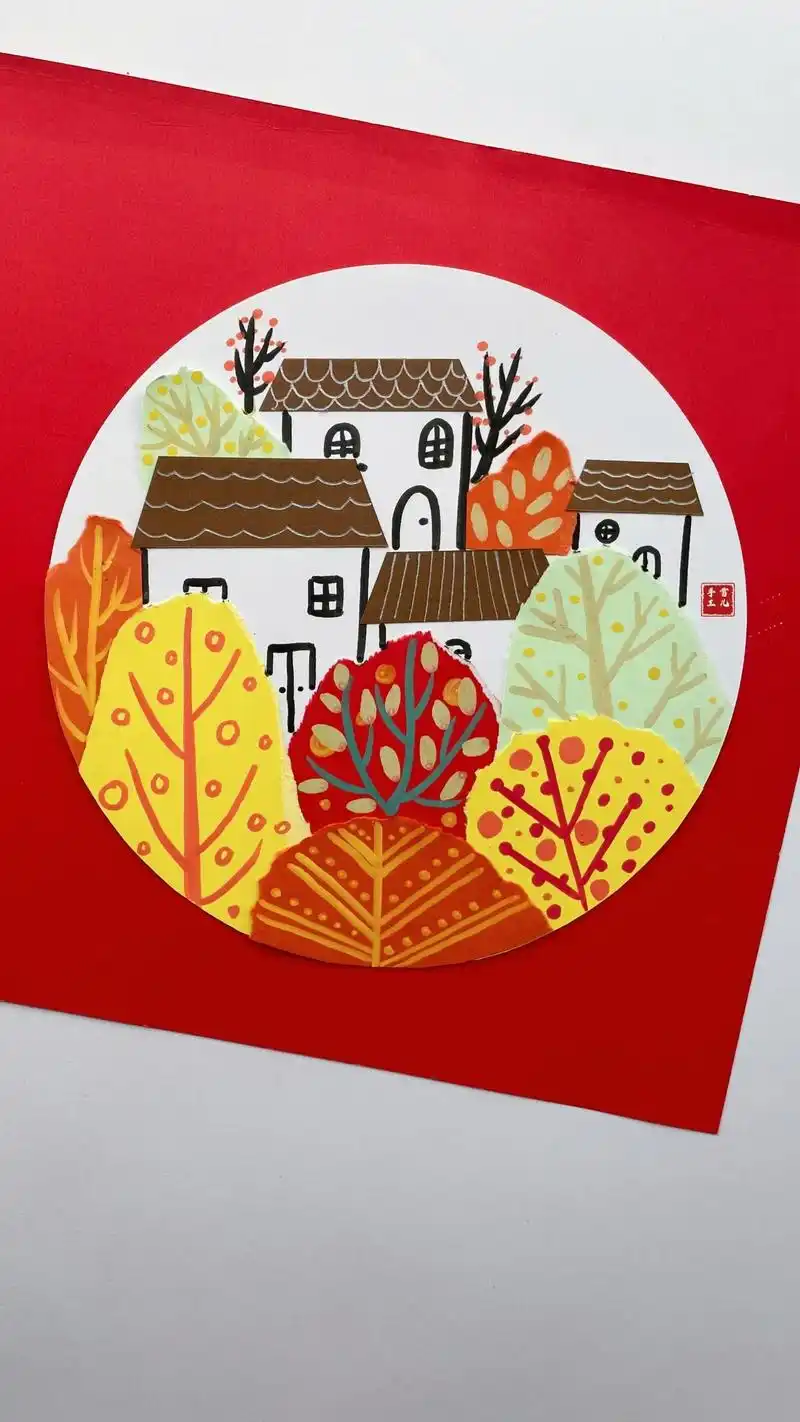 儿童创意拼贴画秋林.深秋树叶都变了颜色,用剩的卡纸撕一撕,做 - 抖音