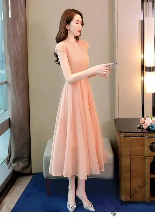 雪纺连衣裙2022新款女装夏季高端气质洋气女神范修身长裙子 米色 m