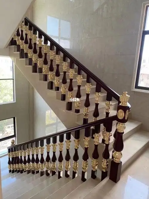 别墅室内实木镶铝艺金属楼梯扶手护栏栏杆