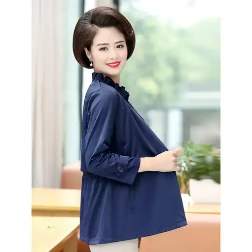 蓝旗女士衬衣宝蓝色上衣系带修身立领真丝衬衫中老年长袖设计款