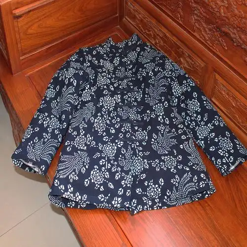女士蓝印花棉衣老粗布棉袄手工棉花内胆加厚唐装棉服外套可拆