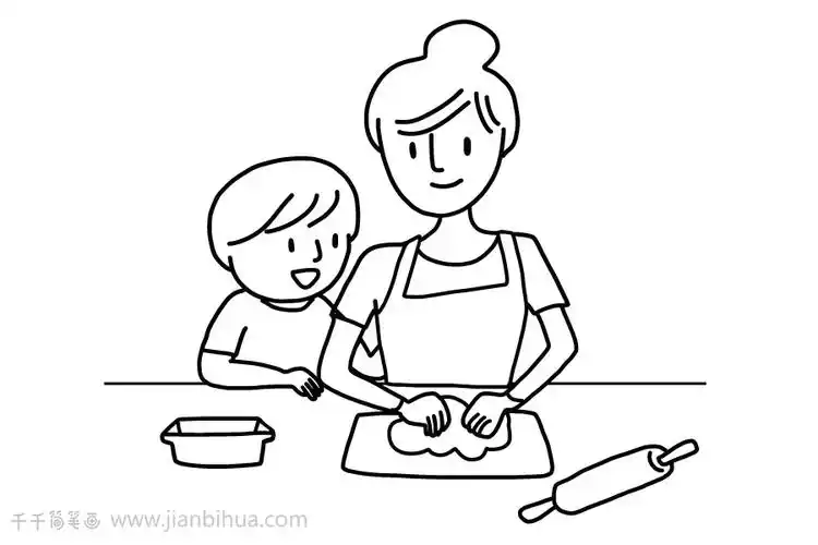 母子简笔画和妈妈一起包饺子