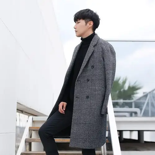 格子大衣男中长款韩版2018流行风衣加厚毛呢外套英伦风秋冬季潮流