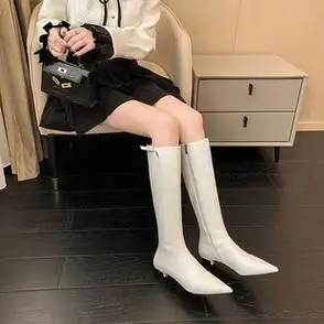 白色尖头长筒靴女细中跟2023年新款秋冬加绒气质百搭骑士靴子法式