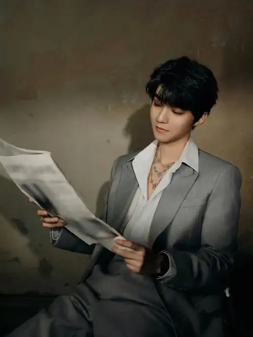 王俊凯灰西装深v衬衫##王俊凯叠戴项链