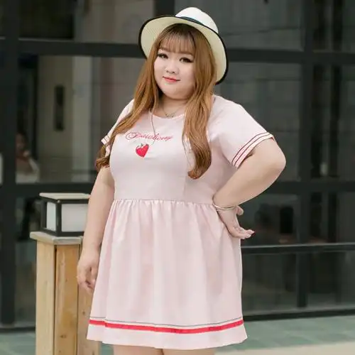 大码女装夏日新款胖妹妹200斤短袖厚雪纺粉色可爱草莓连衣裙04937