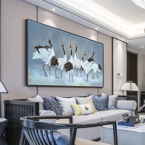新中式动物画仙鹤图装饰画客厅挂画瑞鹤图茶室背景墙壁画鹤寿延年