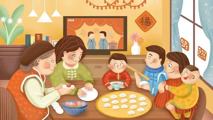 过年包饺子手绘插画