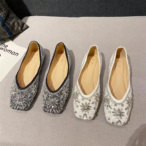 韩版秋季新款温柔气质仙女风方头水钻平底伴娘鞋婚鞋精致方头女鞋