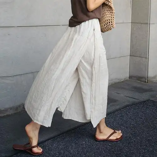 薄款文艺复古原创开叉亚麻直筒裤女半身裙裤新中式禅意棉麻九分裤