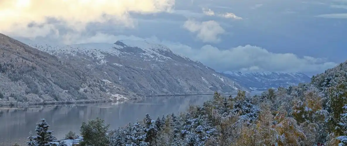 download 2560x1080 mountains, winter, trees, rivers, clouds wall