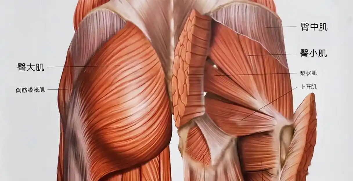 臀部肌肉分为三个部分,分别是臀大肌,臀中肌以及臀小肌,臀中肌和臀小