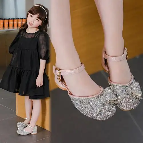 儿童高跟鞋女公主小学生单鞋女童皮鞋时尚宝宝凉鞋网红女孩水晶鞋