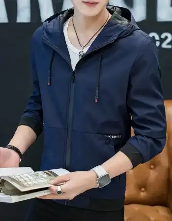 男春季2018新款韩版休闲时尚男装衣服修身百搭帅气男士夹克潮 深蓝色