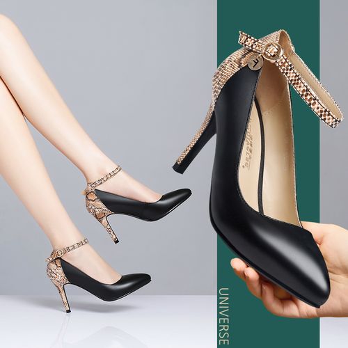 春真皮尖头一字扣高跟鞋女细跟欧美辣妈豹纹性感女鞋黑色皮鞋