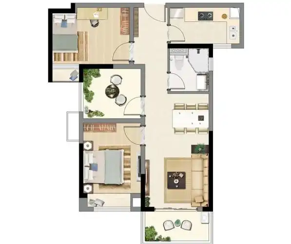 80平2 1房两厅一卫,嵌入式玄关设计,客餐厅连在一起,南向景观阳台.