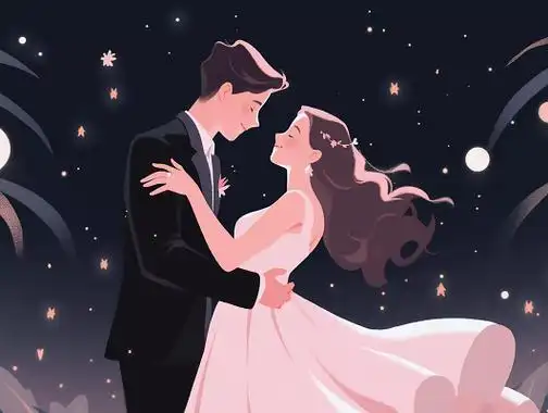 情侣夜晚月色下拥抱在一起跳舞唯美浪漫情人节爱情双人手绘插画氛围感