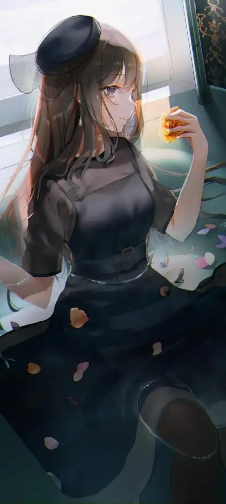 黑色裙子动漫女孩浴缸花瓣全面屏动漫手机壁纸