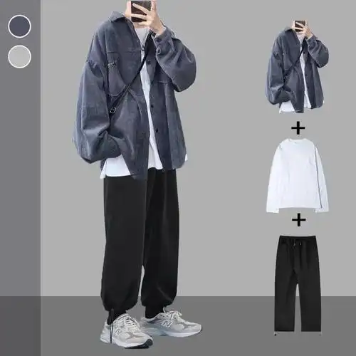 男士复古潮流外套休闲一套搭配帅气男装三件套3件套衬衫黑休闲裤黑长