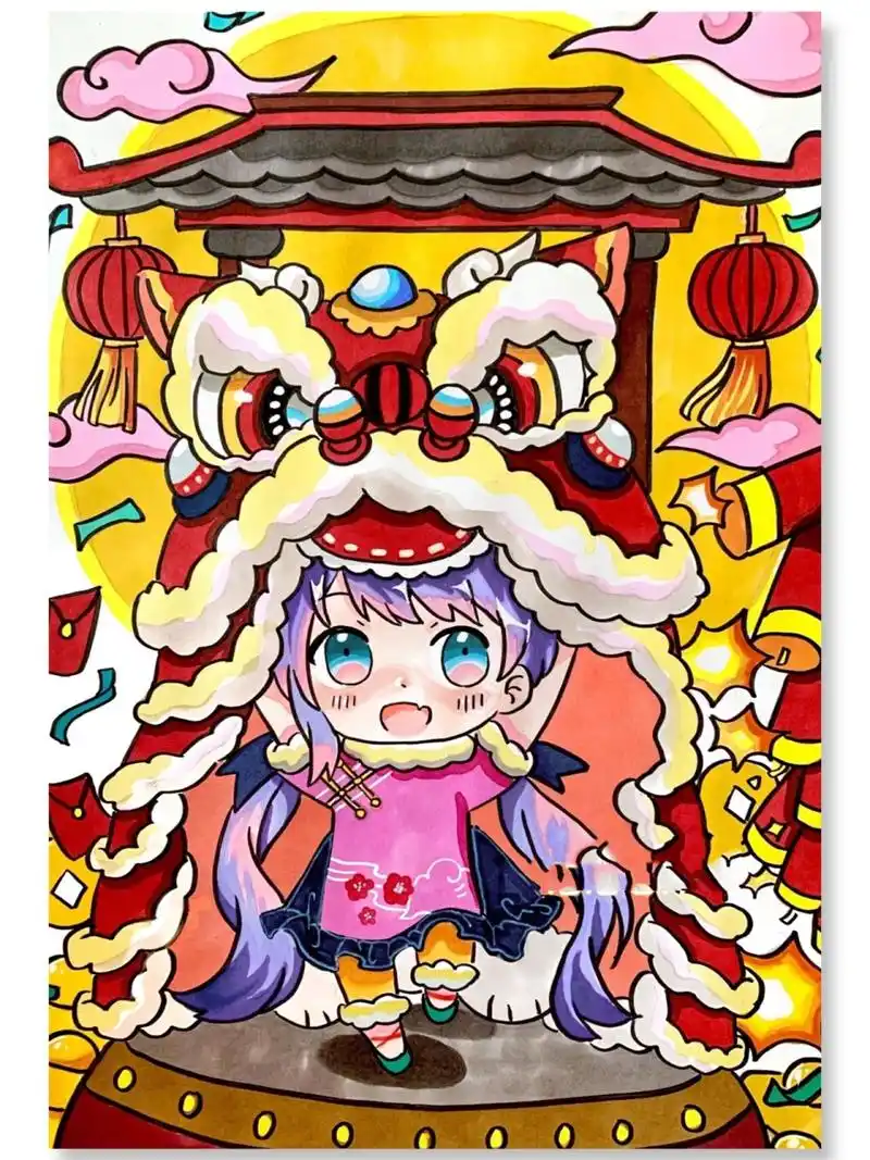 舞狮动漫人物儿童创意画 人物原图来源于网络 适合年龄8-12岁的孩子
