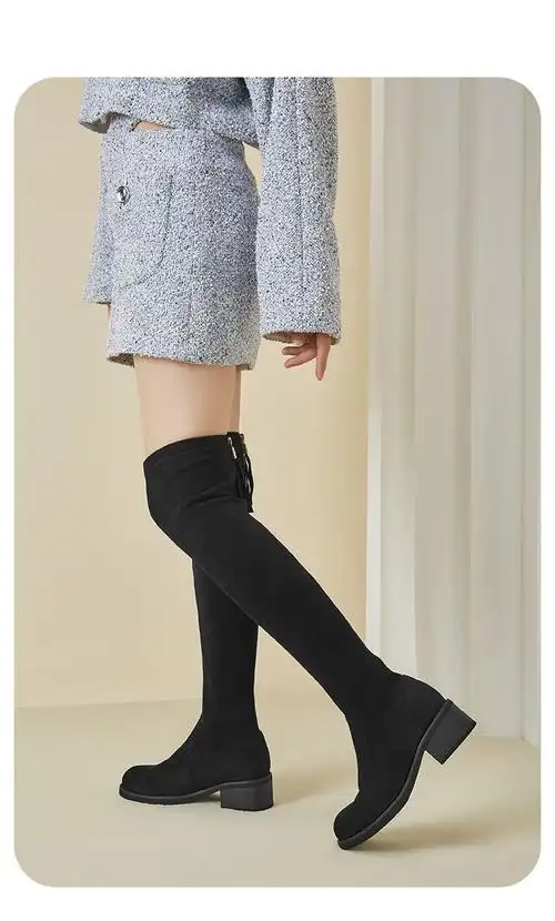 意尔康女鞋 加绒长筒靴女2022冬季新款粗跟弹力女靴时尚长靴女加绒