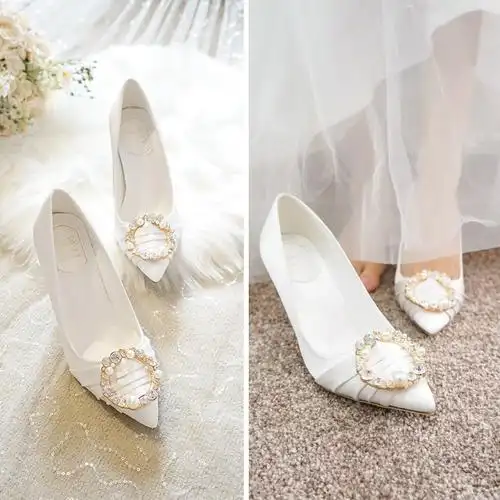 白色女中流行百搭宴会绸缎婚纱新款高跟配仙单鞋