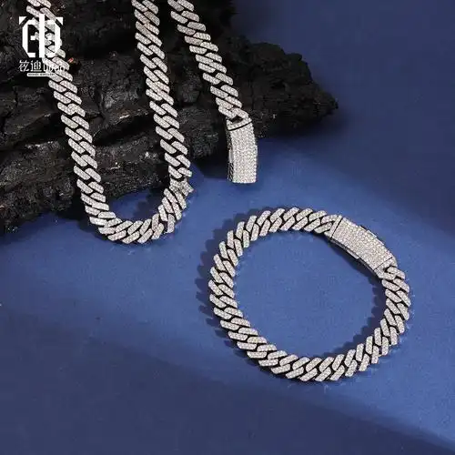 跨境爆款12mm菱形满钻锌合金嘻哈街头男女简约高级感古巴链套装