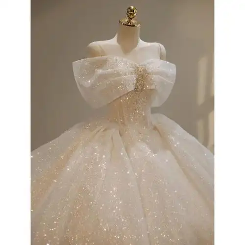 法式婚纱礼服新款新娘主纱一字肩大码重工高级质感拖尾小个子