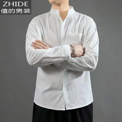 suntek亚麻衬衫男短袖衬衣宽松大码男装中国风棉麻长袖男士休闲外套