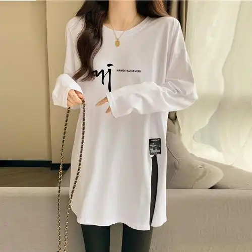 打底衫白色纯棉中长款女遮屁股t恤设计感开叉宽松内搭长袖春秋季