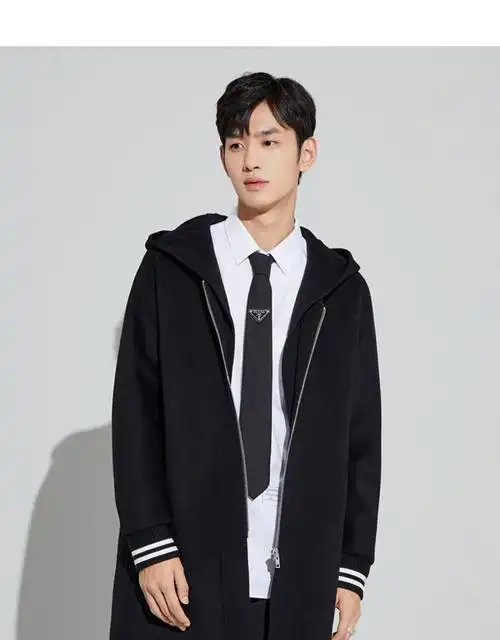 太平鸟男装 连帽大衣羊毛大衣中长款学院风拉链大衣dk外套风衣潮 黑色