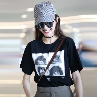 623#唐嫣明星同款黑色t恤女夏季原宿bf风宽松人物印花半袖上衣潮