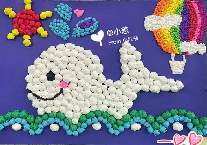 手工拼贴画  #拼贴画  #皱纹纸  #手工粘贴画关于鲸鱼主题的点状