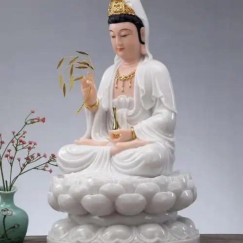 圆通佛具汉白玉观音佛像家用坐莲供奉观世音观音菩萨玉石摆件