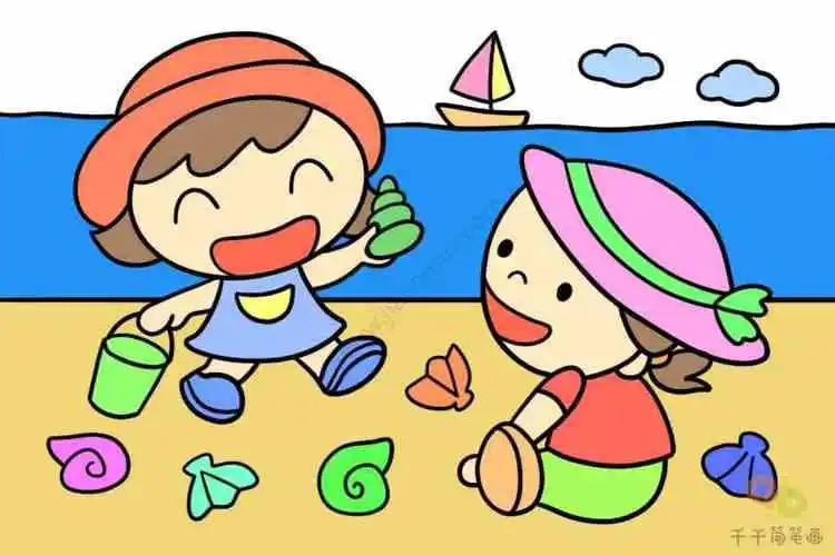 1页小孩调皮玩耍的简笔画沙滩捡贝壳简笔画小孩在海边捡贝壳的简笔画