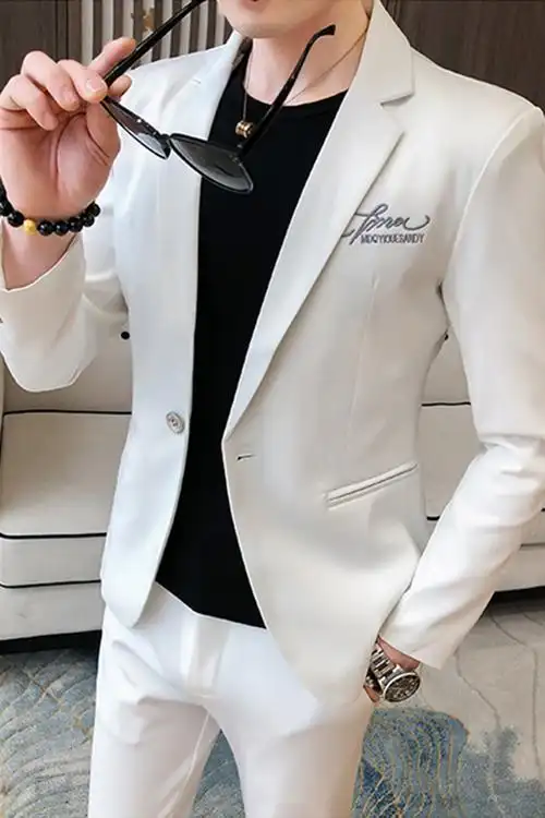 西服两件套男士西裤韩版修身潮流帅气黑色刺绣亮面小西装流行套装