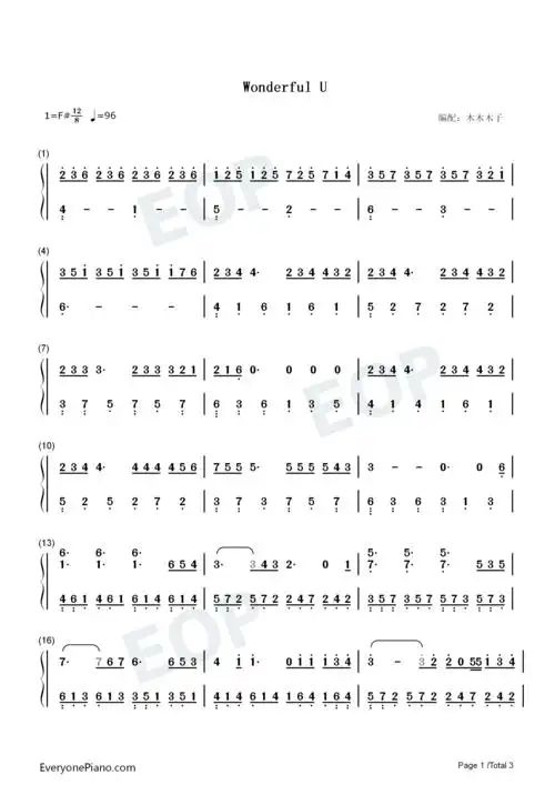 wonderful u-简单版-瞬间就沦陷的抖音热歌双手简谱预览1