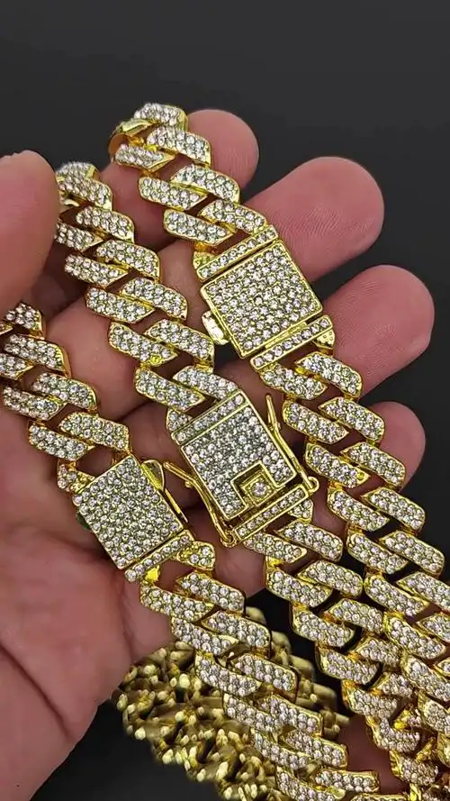 外贸流行欧美嘻哈环保锌合金满钻加密14mm菱形古巴链项链大金链