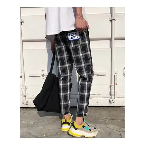 夏款格子裤子男士韩版时尚九分裤宽松休闲裤百搭男裤直筒修身文艺