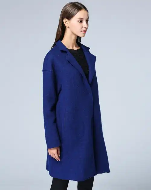 藏蓝色欧美中长款纯羊毛呢大衣外套